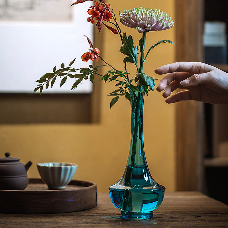 高颜值中式中国风意境茶室茶台仿宋韵长颈花瓶小号插花艺玻璃花器