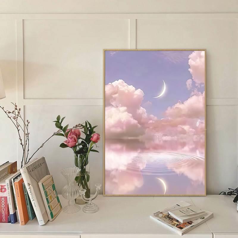 温馨浪漫粉色大海天空装饰画太阳月亮小众艺术壁画卧室治愈系挂画