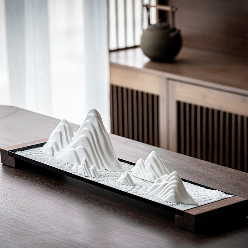 中式禅意枯山水室内软装饰品客厅茶室桌面陶瓷假山摆件茶空间设计