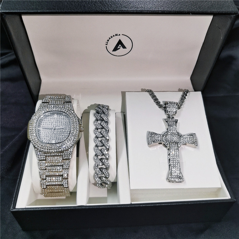 欧美hiphop饰品三件套装满钻十字架项链镶钻手表古巴手链创意礼盒
