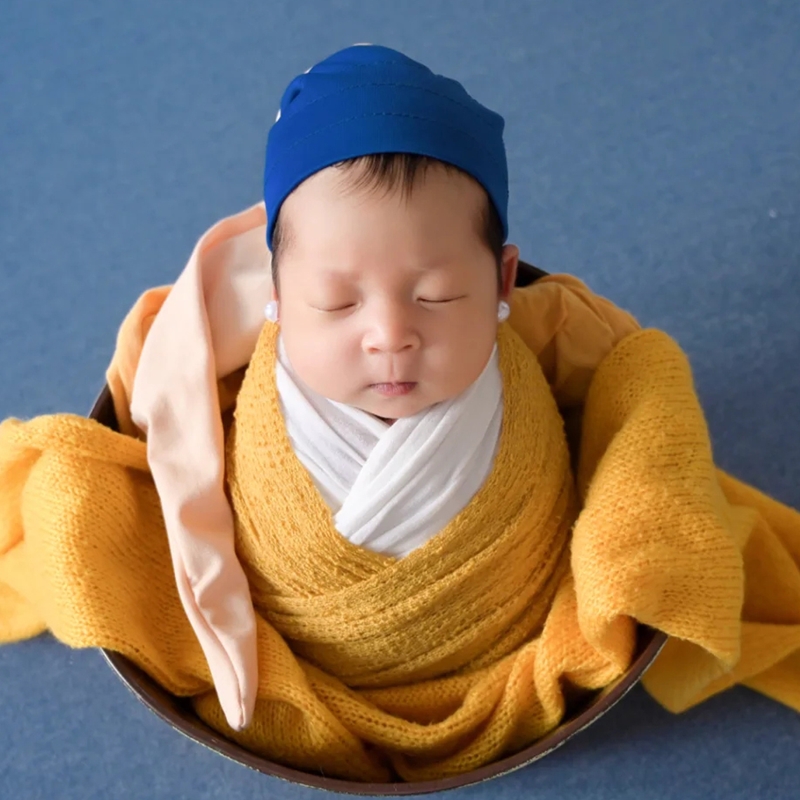 新款戴珍珠耳环的少女套装头巾帽子新生儿摄影道具婴儿宝宝影楼照