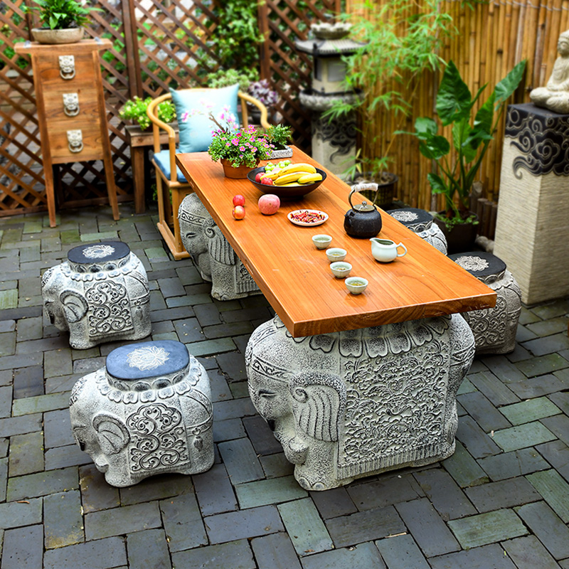 新中式茶室茶桌禅意桌椅庭院室外大板茶台底座户外大象水泥仿石墩