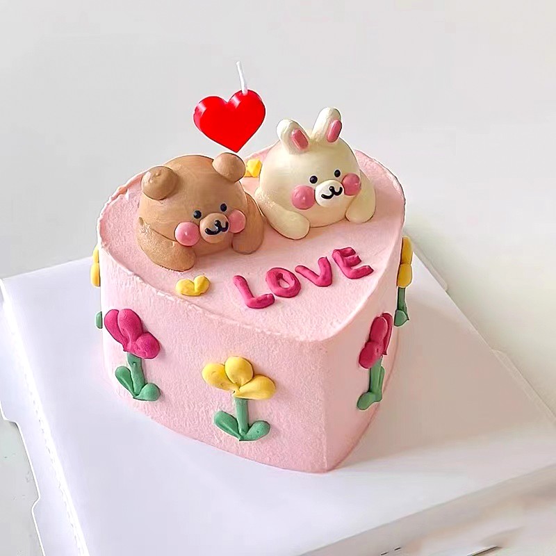 网红ins风小熊小兔蛋糕 软陶小熊小兔情侣纪念日情人节蛋糕装饰