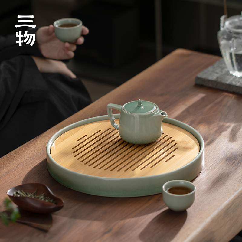三物松青釉茶盘家用陶瓷小型竹木干泡台方圆形储水式沥水茶托茶具