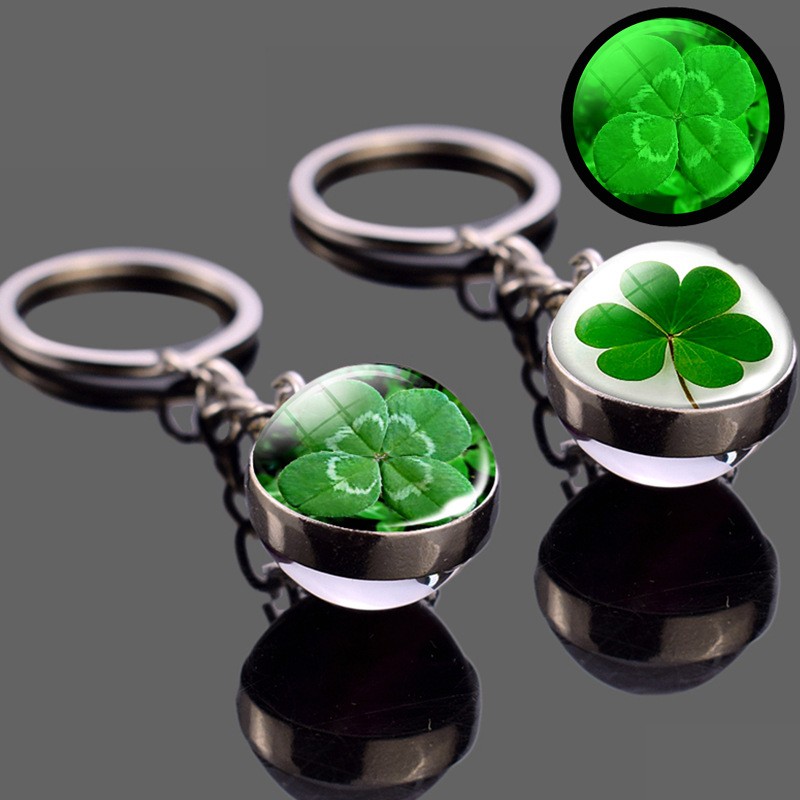发光四叶草钥匙扣 夜光幸运水晶球钥匙链 爱尔兰圣帕特里克节礼物