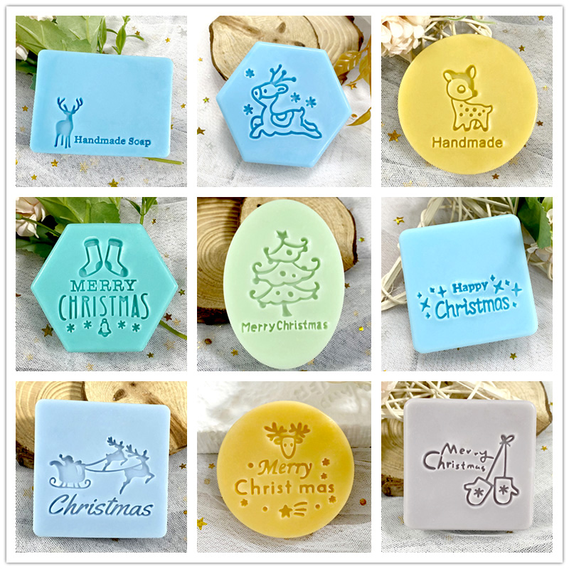 圣诞节英文字母麋鹿树图案亚克力透明印章皂印 带手柄手工香皂章