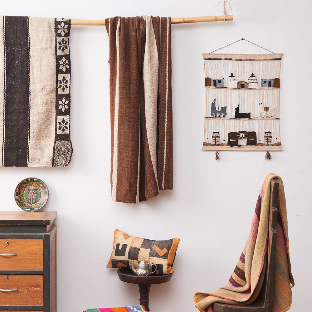 安第斯山脉棕色手织毛毯智利秘鲁羊驼毛桌布床盖南美洲民族沙发毯
