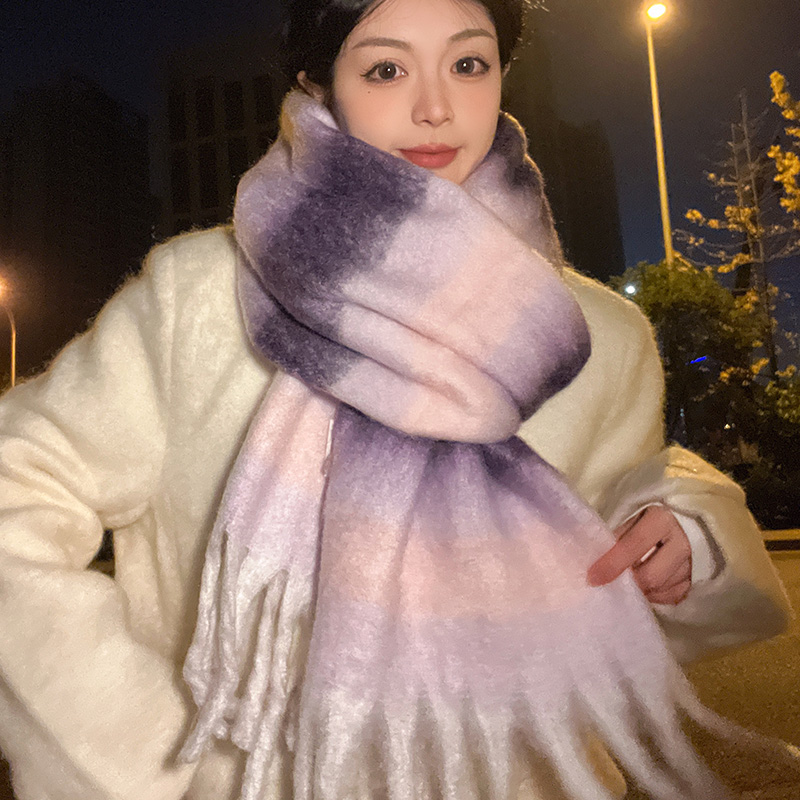 紫色格子马海毛高级感围巾女冬季2023新款韩版百搭加厚保暖围脖秋