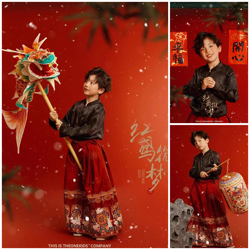 新款中国风3-12岁男童拍照古风汉服红色马面裙新年灯笼影楼写真照