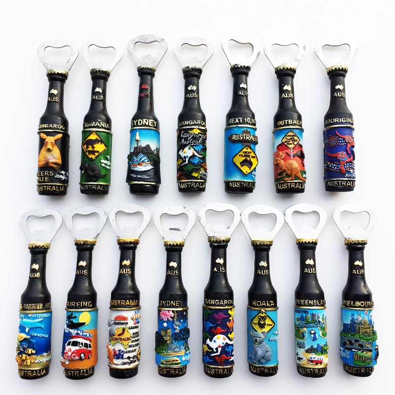 澳大利亚各地创意地理标志立体酒瓶手工彩绘开瓶器磁性冰箱贴起子