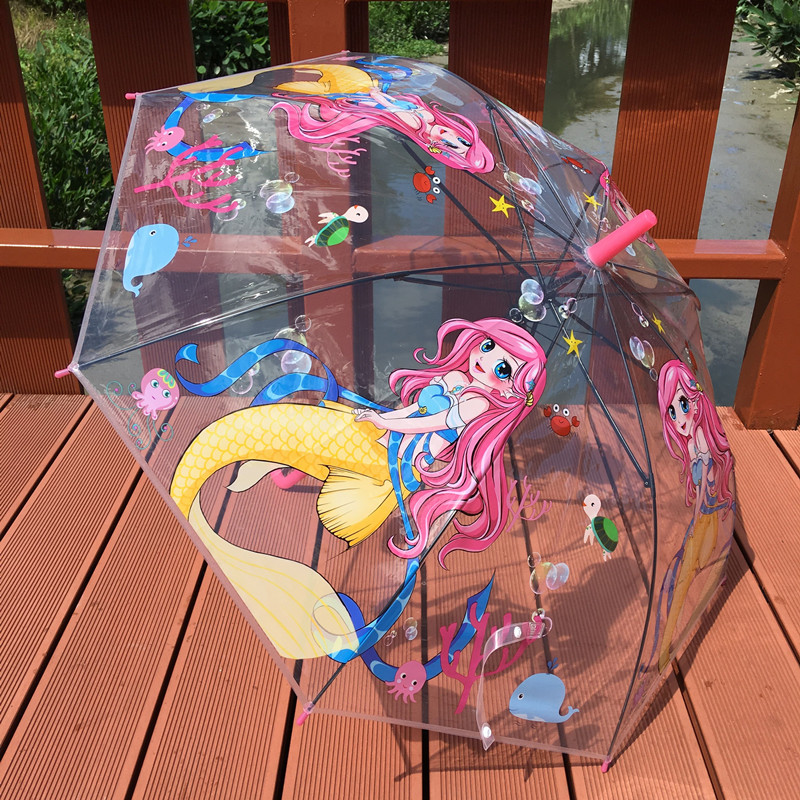 加厚美人鱼透明儿童雨伞男女孩小学生幼儿园卡通可爱公主长柄伞