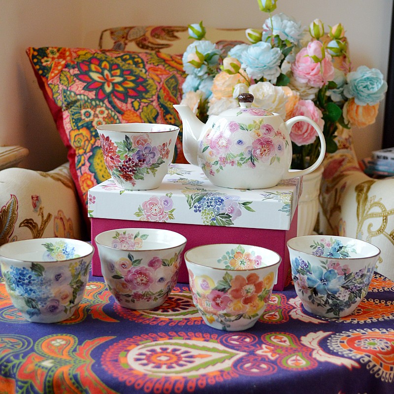 埃兰迪尔日本进口美浓和蓝花语茶壶茶杯一壶五杯礼盒乔迁结婚礼物
