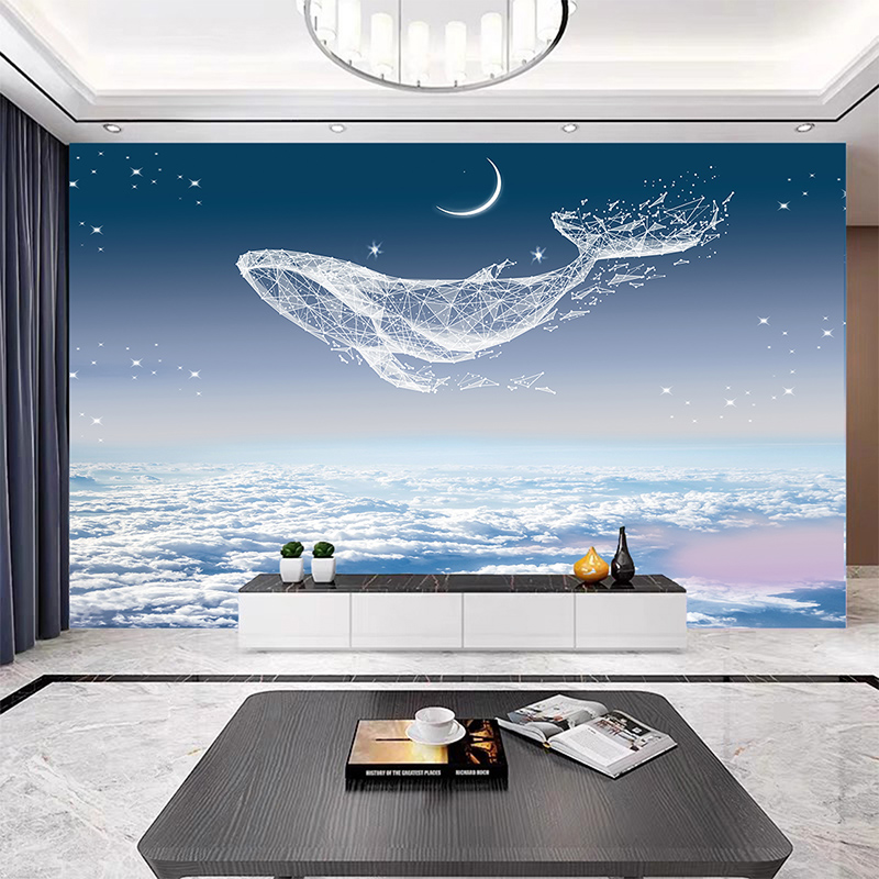 8D立体手绘鲸鱼装饰墙纸客厅沙发电视背景墙壁纸卧室墙布海景壁画