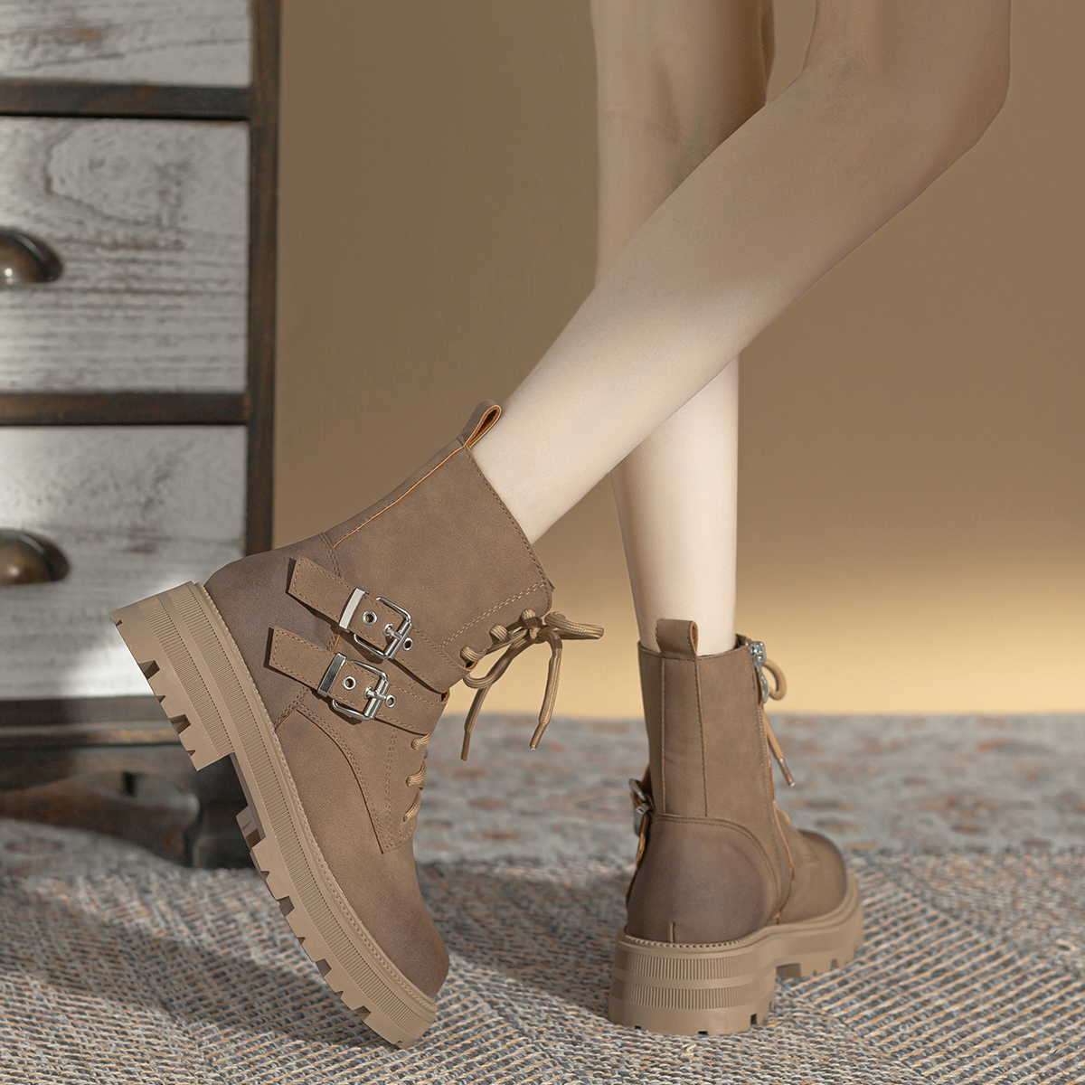 羊皮版~美拉德棕色马丁靴裤子搭配女小个子2023新款秋季低帮短靴