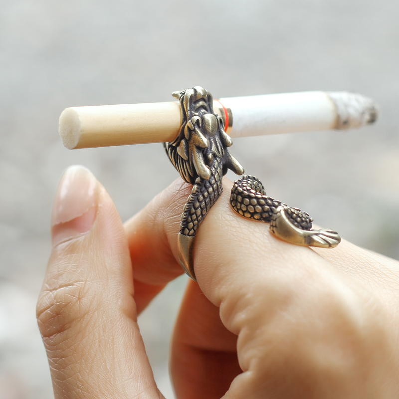 铜制戒指烟架雕刻祥龙烟托戒指男士香烟用戒指夹烟器抽烟指环烟具