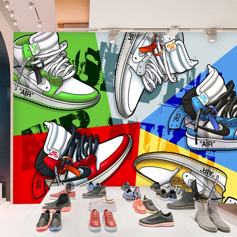 3D鞋子带货直播间装饰墙纸AJ运动球鞋店装修背景墙潮牌男装店壁纸