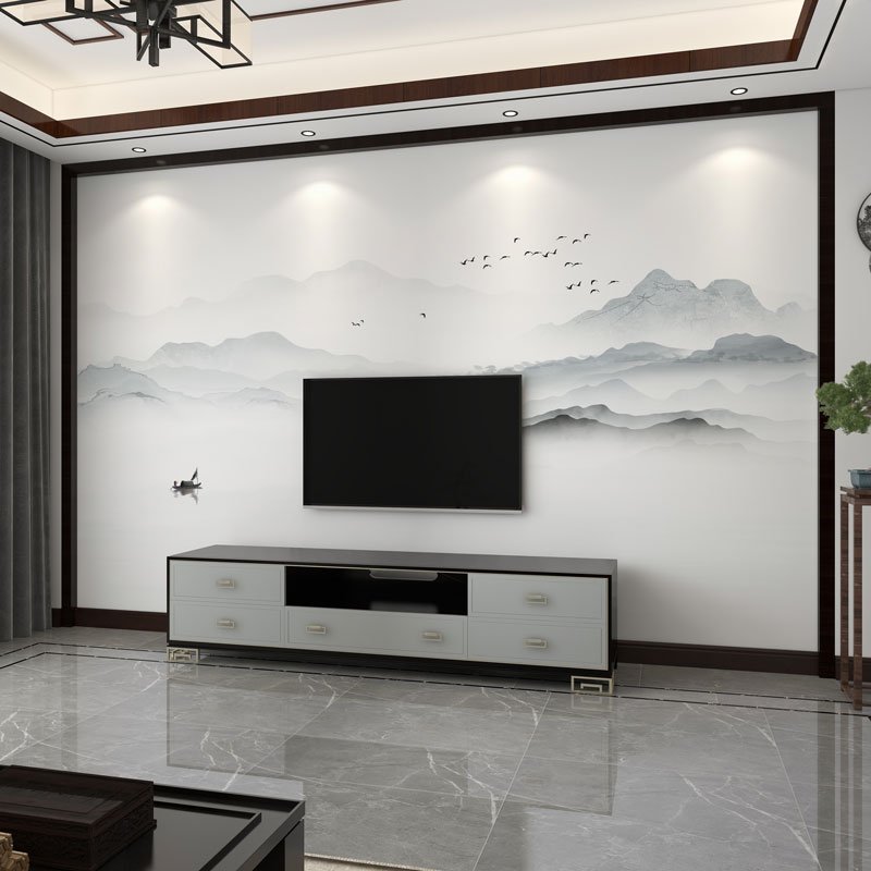 墙纸3d现代新中式山水电视背景墙壁布客厅墙布壁画影视墙壁纸装饰