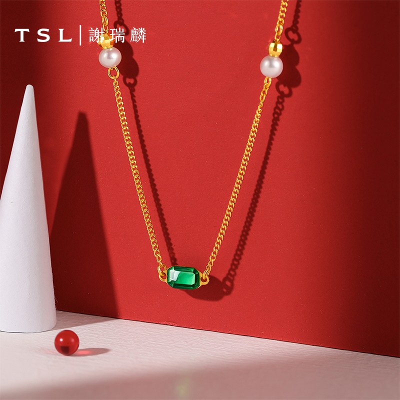 TSL谢瑞麟珐琅黄金珍珠项链古法工艺足金项链小方糖锁骨链XM870