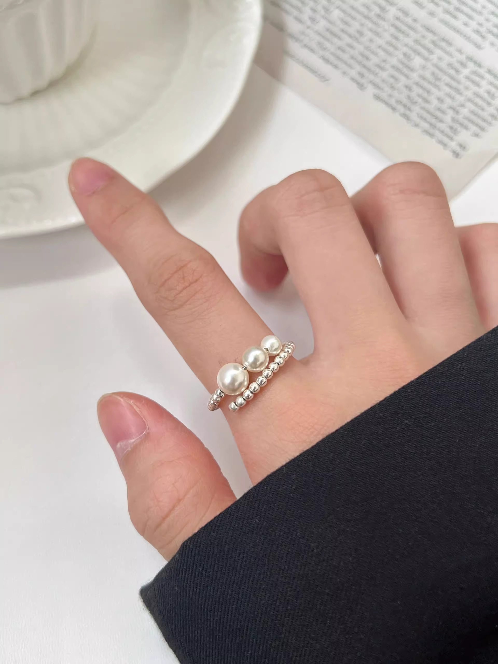 S925纯银复古施家珍珠戒指女时尚个性高级感开口轻奢小众指环新款