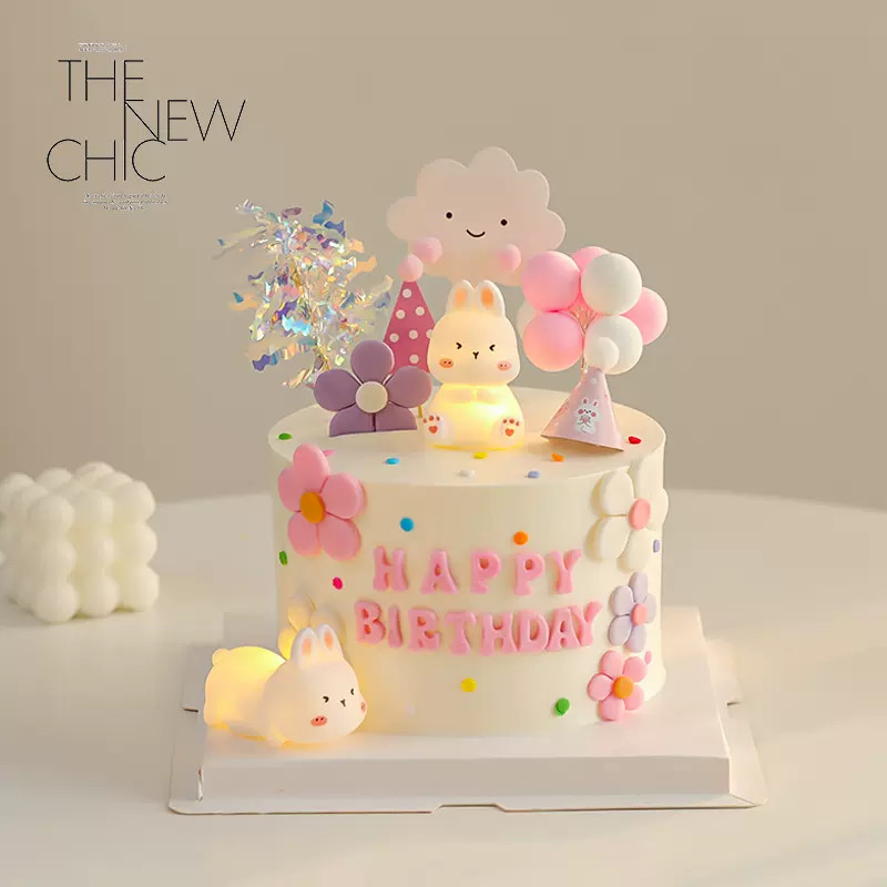 兔宝宝蛋糕装饰摆件可爱发光小兔子满月周岁一百天生日甜品台插件