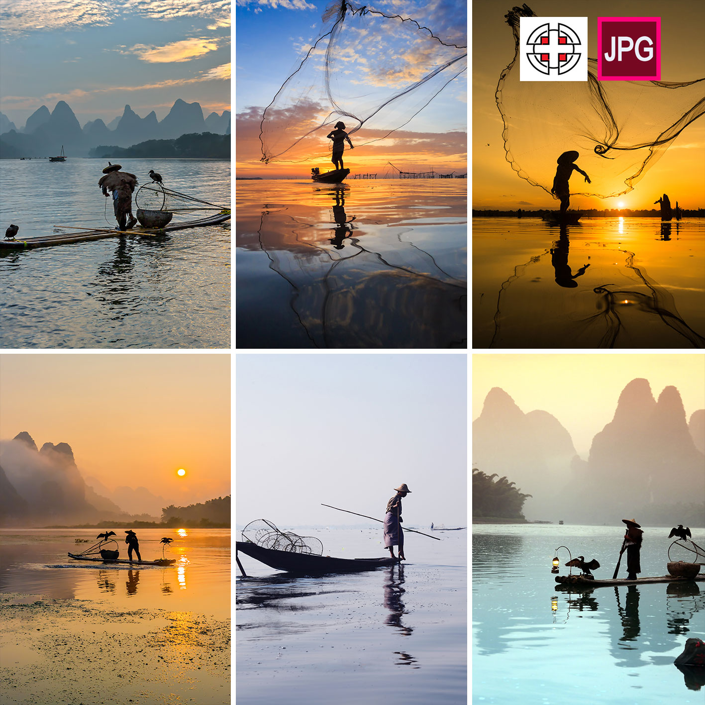 竖屏海上水上捕鱼风景中国渔夫撒网高清背景图片JPG设计素材