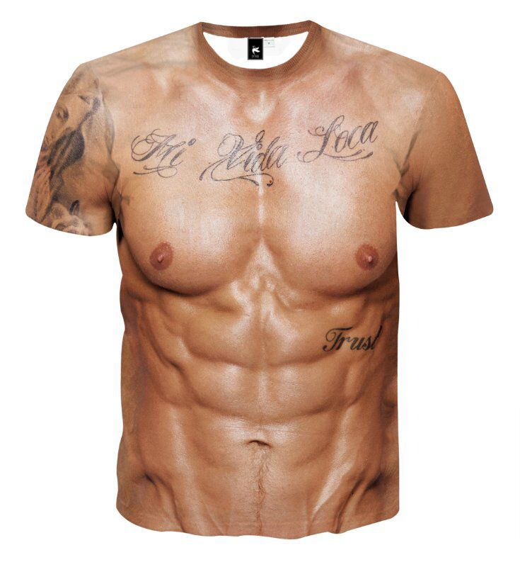 创意搞笑纹身肌肉奇葩衣服潮男短袖t恤3D立体图案个性假胸腹肌衫