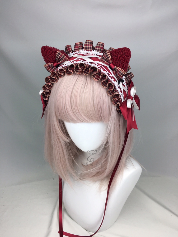 原创小红帽浆果少女lolita小物洛丽塔圣诞节酒红格子耳朵发带对夹