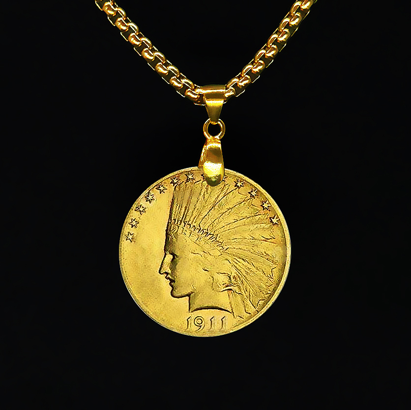 仿古1911印第安人项链鹰洋金币纪念章工艺品复古金项链锁骨链