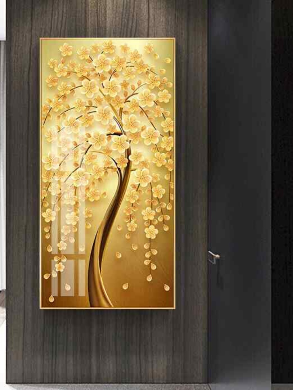 销入户玄关p中式轻奢简约晶瓷画北欧装饰画竖版挂画大型单L幅金树