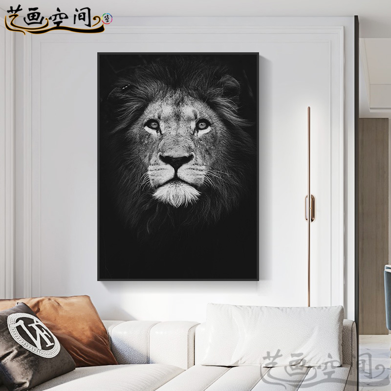黑白动物装饰画大象狮子斑马挂画过道进门对面墙壁画竖版客厅墙画
