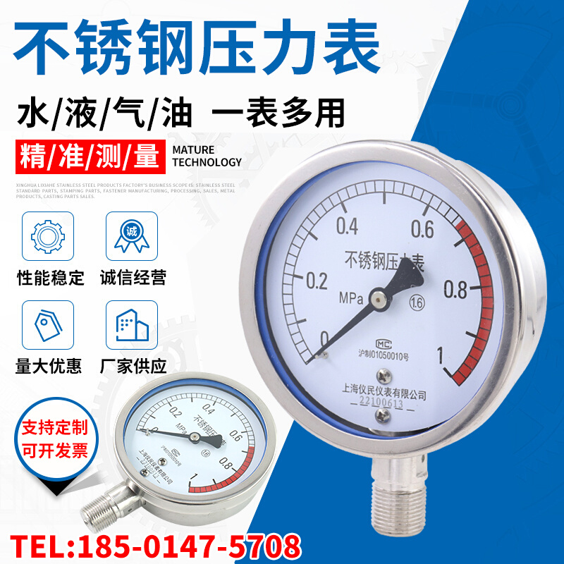 不锈钢压力表Y100BF YTF100H不锈钢耐震压力表 304高温 氨用 仪民
