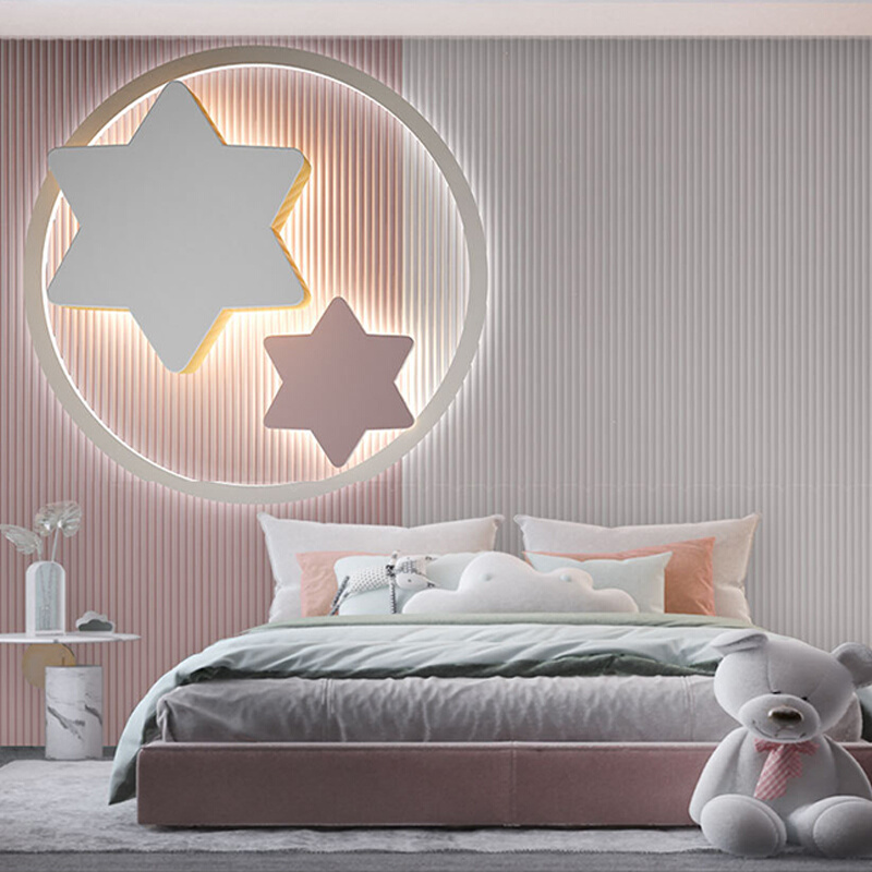 北欧儿童房粉色女孩卧室墙布卡通星星条纹公主房床头沙发壁纸壁画