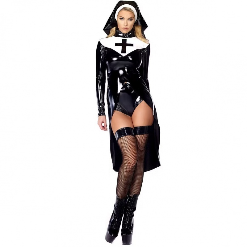 万圣节皮质修女服装PU皮款朋克修女装Nun costume COS服制服
