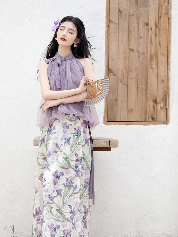 南法式紫色网纱挂脖上衣鸢尾连衣裙子仙女套装新中式海边旅游度假