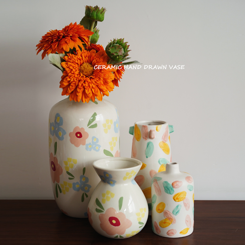 小众设计师 出口欧式手绘艺术创意陶瓷花瓶 花卉图案家居装饰插花