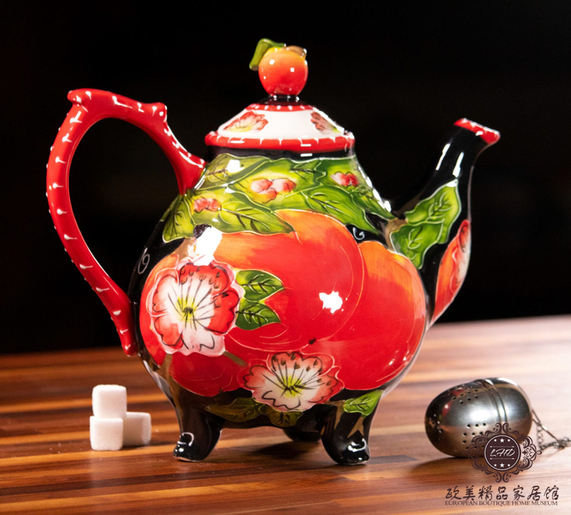美国品牌Blue sky布鲁瓷纯手绘釉下彩陶瓷红苹果茶壶欧式咖啡壶