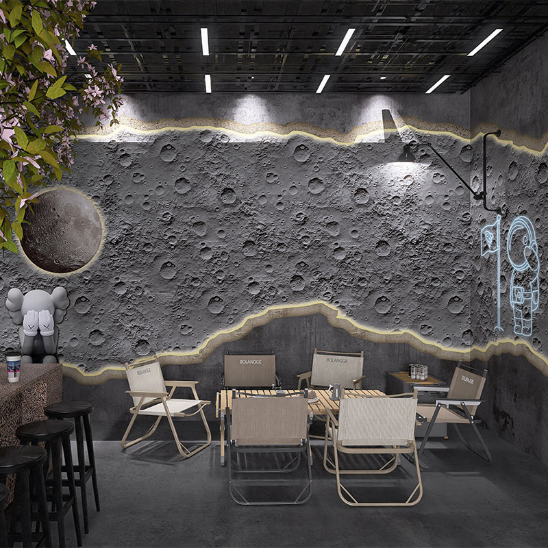 月球表面墙纸浮雕感奶茶烧烤店直播间背景墙仿岩石水泥工业风壁纸