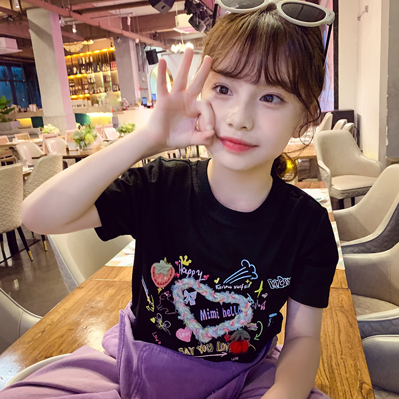 女童短袖T恤夏装2024新款洋气儿童网红卡通上衣小女孩韩版打底衫