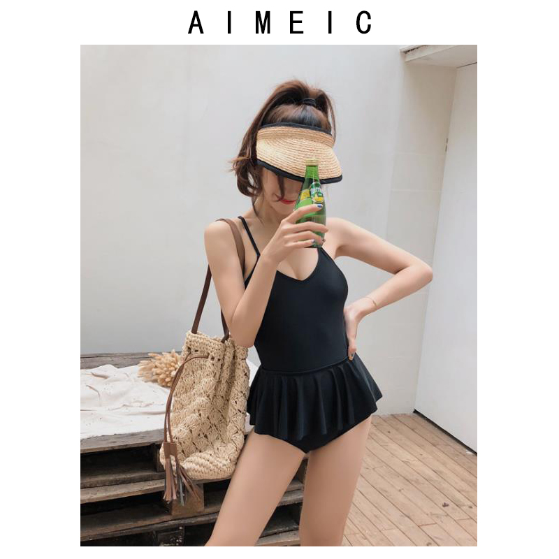 AIMEIC新款可调节肩带三角连体泳衣黑色比基尼纯色露背泳装泡温泉