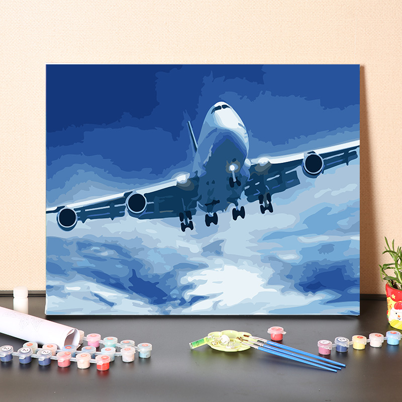 数字油画diy手工填充蓝天白云飞机涂色手绘填色装饰丙烯油彩画画