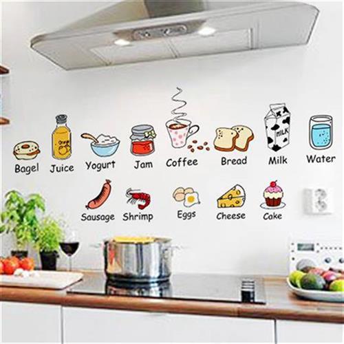 中英文食物图标墙贴纸可移除卡通标识餐厅冰箱贴纸儿童单词学习贴