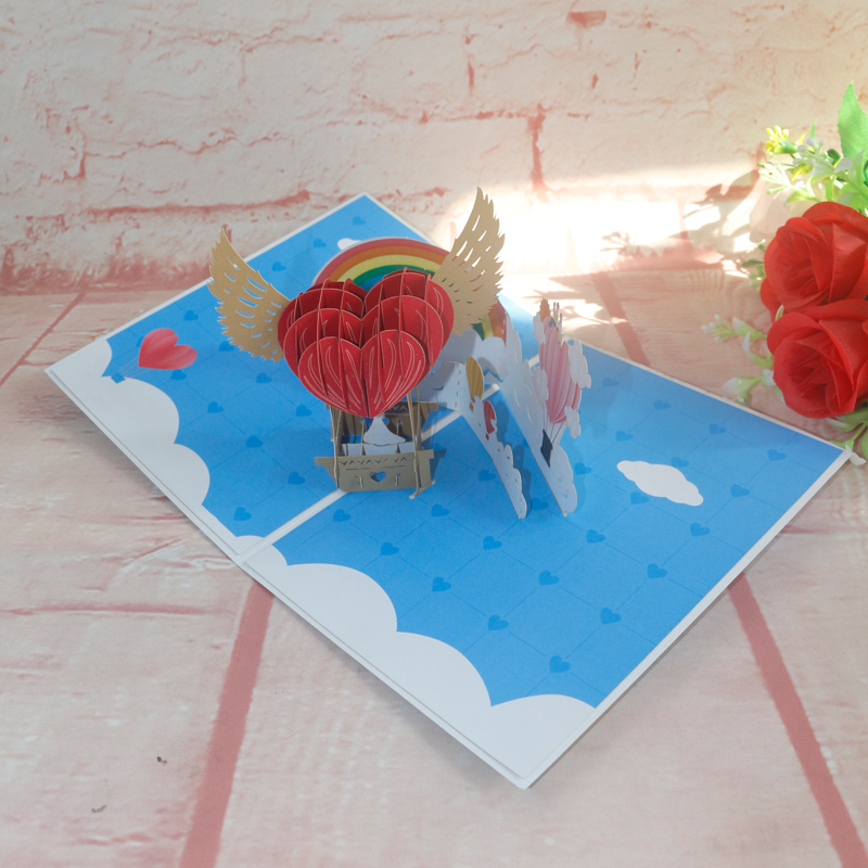 爱心热气球手拉手3D立体纸雕贺卡剪纸七夕情人节生日祝福卡片定做