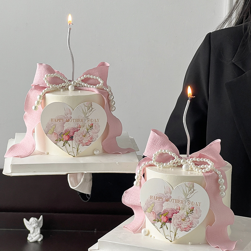 2024母亲节蛋糕装饰品爱心卡片母亲节快乐珍珠蝴蝶结丝带烘焙插件