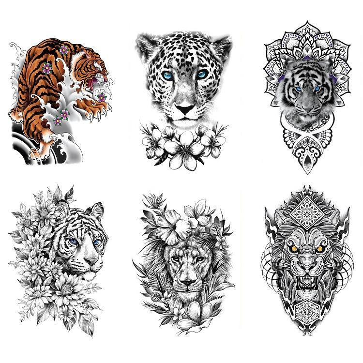 跨境套装仿真贴纸水转印动物图案纹身贴老虎狮子豹子半臂纹艾美