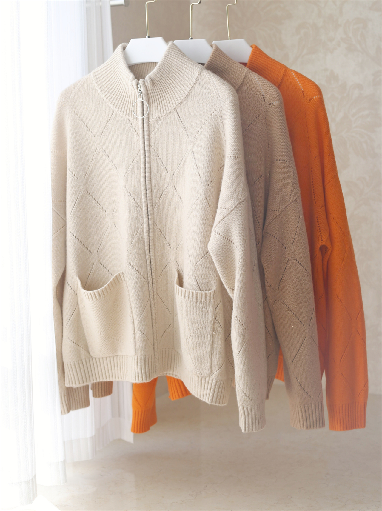 纯元 镂空拉链金线100%山羊绒外套 毛衣亮橙色羊绒衫24冬季包邮