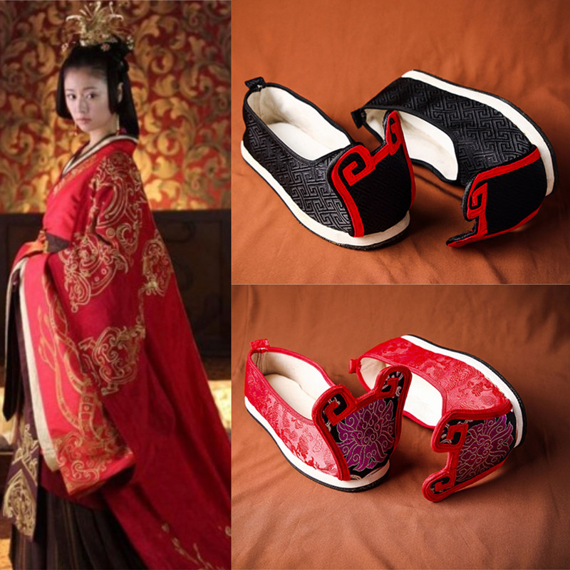 古装鞋子女搭配汉服古风红色婚鞋平底内增高翘头履古代中式婚礼男