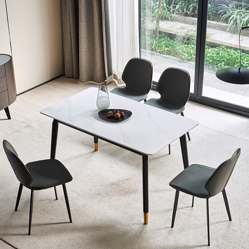 纯白色岩板餐桌椅组合现代简约家用小户型饭桌长方形网红简易桌子