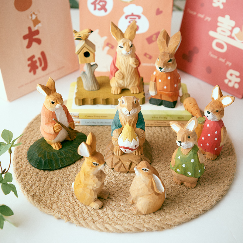 客厅木雕摆件兔年装饰品创意圣诞礼品实木模型可爱造型儿童节日