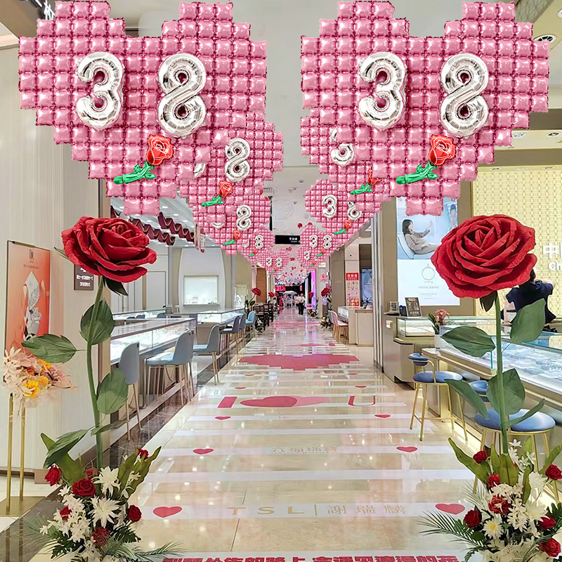 三八妇女节爱心背景墙气球珠宝店活动装饰38女神快乐氛围场景布置
