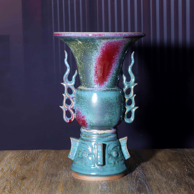 新款禹州钧瓷中式仿古花瓶礼盒装炉钧釉绿色窑变青铜器造型陶瓷樽